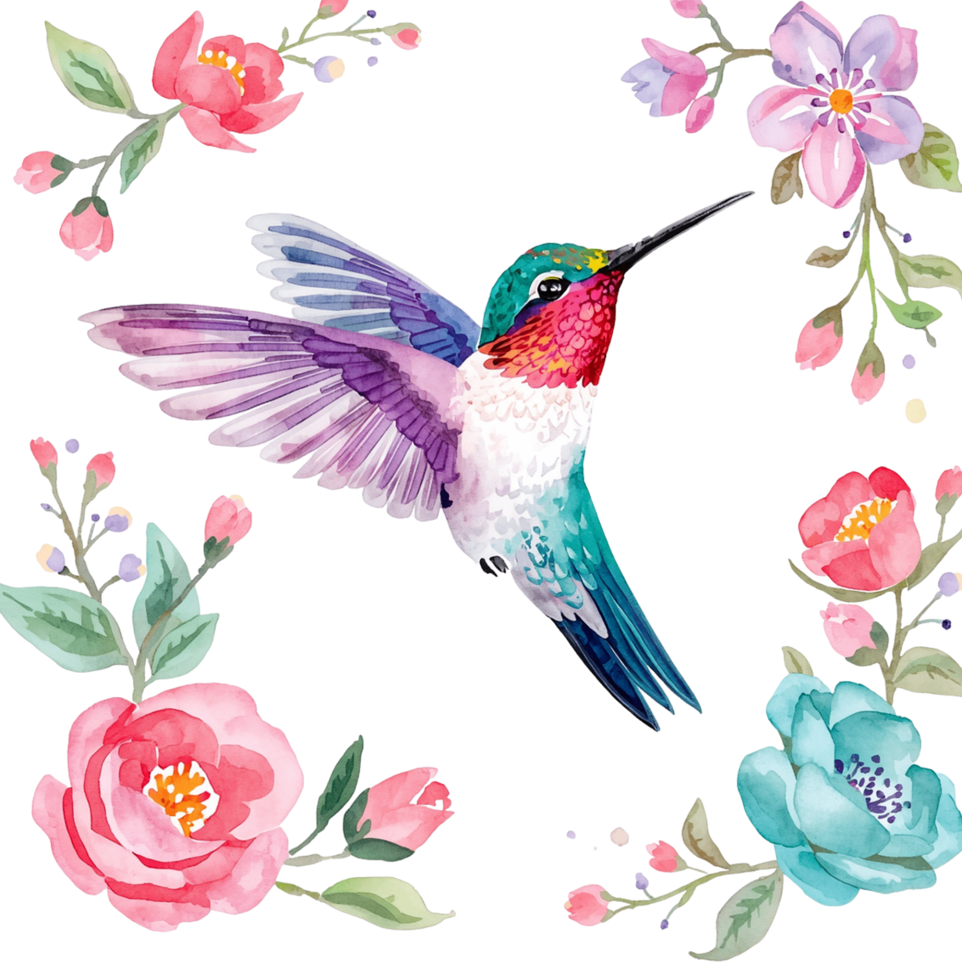 Colibri aquarelle posé sur une fleur d'hibiscus rose